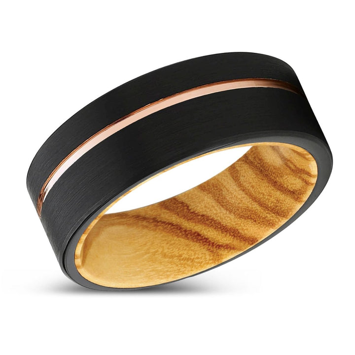 UTOPIA | Olive Wood, Black Tungsten Ring, Rose Gold Offset Groove, Brushed, Flat - Rings - Aydins Jewelry - 2
