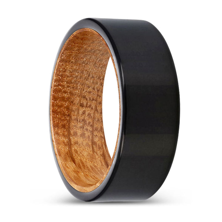 VALENTIN | Whiskey Barrel Wood, Black Tungsten Ring, Shiny, Flat - Rings - Aydins Jewelry - 1