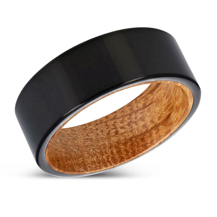 VALENTIN | Whiskey Barrel Wood, Black Tungsten Ring, Shiny, Flat - Rings - Aydins Jewelry - 2