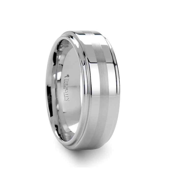 VALKYRIE | Silver Tungsten Ring, Brushed Stripe, Stepped Edge - Rings - Aydins Jewelry - 1