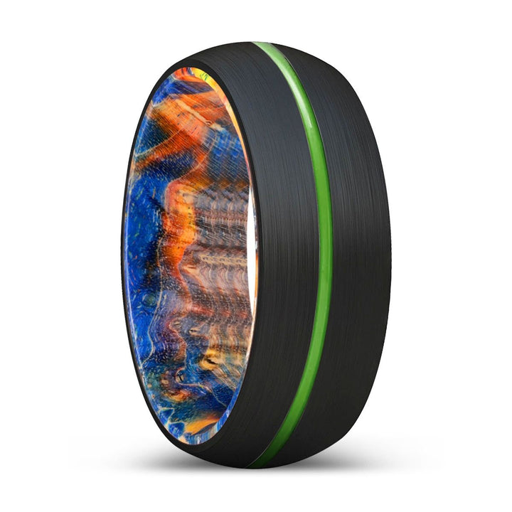 VAPOR | Blue & Yellow/Orange Wood, Black Tungsten Ring, Green Groove, Domed - Rings - Aydins Jewelry - 1