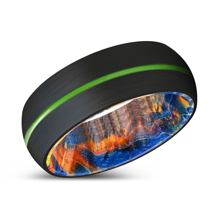VAPOR | Blue & Yellow/Orange Wood, Black Tungsten Ring, Green Groove, Domed - Rings - Aydins Jewelry - 2