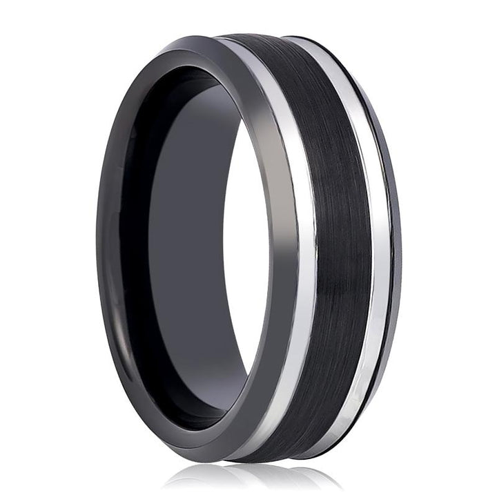 VELUTUS | Black Tungsten Ring, Two Silver Grooves, Beveled