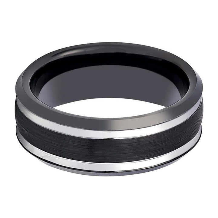 VELUTUS | Black Tungsten Ring, Two Silver Grooves, Beveled - Rings - Aydins Jewelry - 2