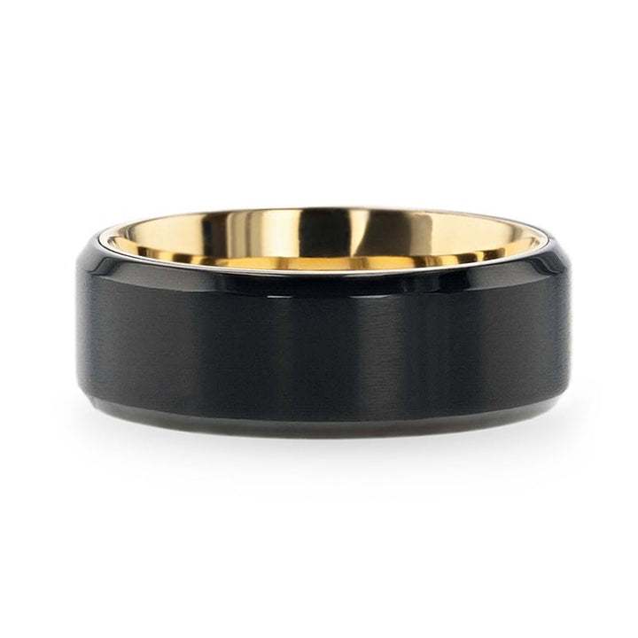 VELVET Flat Brushed Black Titanium Men's Wedding Ring With Yellow Gold Interior And Beveled Polished Edges - 8mm - Rings - Aydins Jewelry - 3