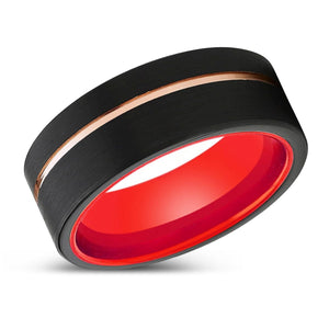 VELVET | Red Ring, Black Tungsten Ring, Rose Gold Offset Groove, Brushed, Flat - Rings - Aydins Jewelry - 2