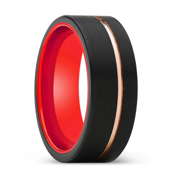 VELVET | Red Ring, Black Tungsten Ring, Rose Gold Offset Groove, Brushed, Flat