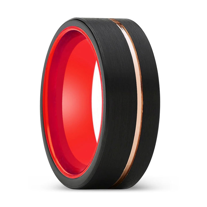 VELVET | Red Ring, Black Tungsten Ring, Rose Gold Offset Groove, Brushed, Flat - Rings - Aydins Jewelry - 1
