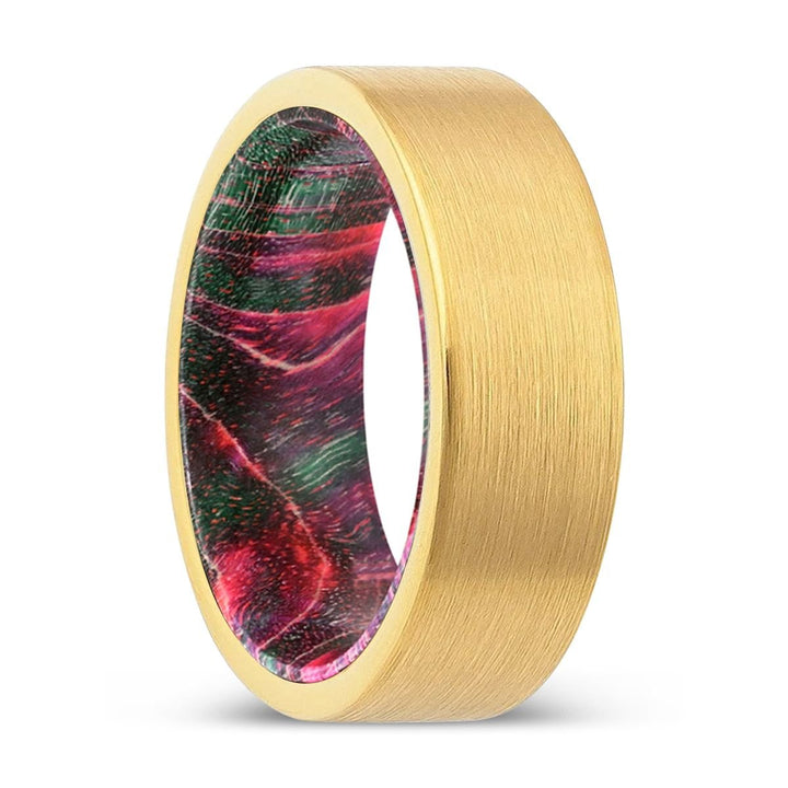 VENZOR | Green & Red Wood, Gold Tungsten Ring, Brushed, Flat - Rings - Aydins Jewelry - 1