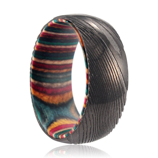 VERA | Multi Color Wood, Gunmetal Damascus Steel Ring, Domed - Rings - Aydins Jewelry - 1