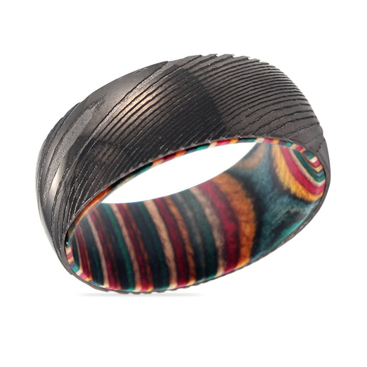 VERA | Multi Color Wood, Gunmetal Damascus Steel Ring, Domed - Rings - Aydins Jewelry - 2