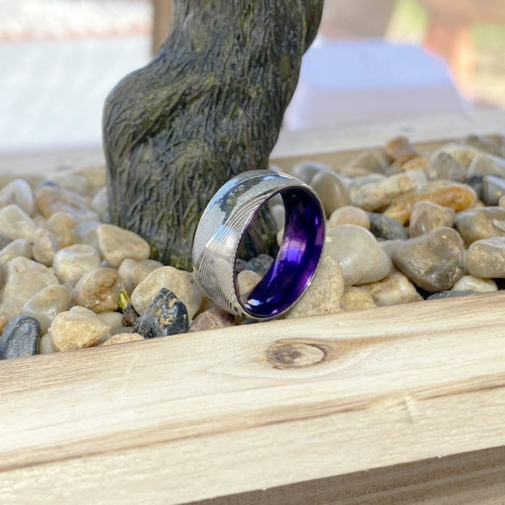 VERBENA | Purple Ring, Silver Damascus Steel, Domed - Rings - Aydins Jewelry - 5
