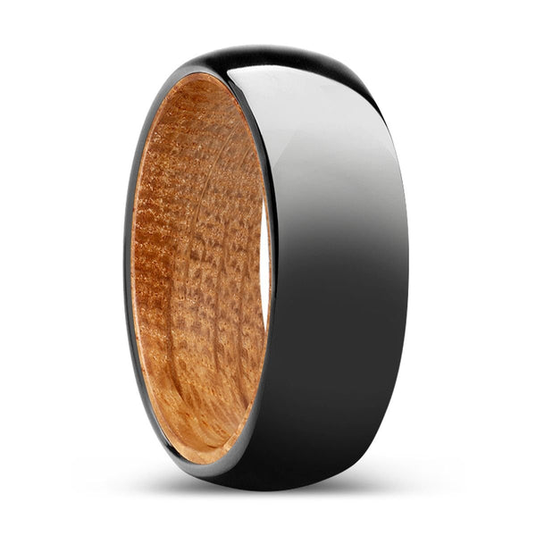 VERDANT | Whiskey Barrel Wood, Black Tungsten Ring, Shiny, Domed