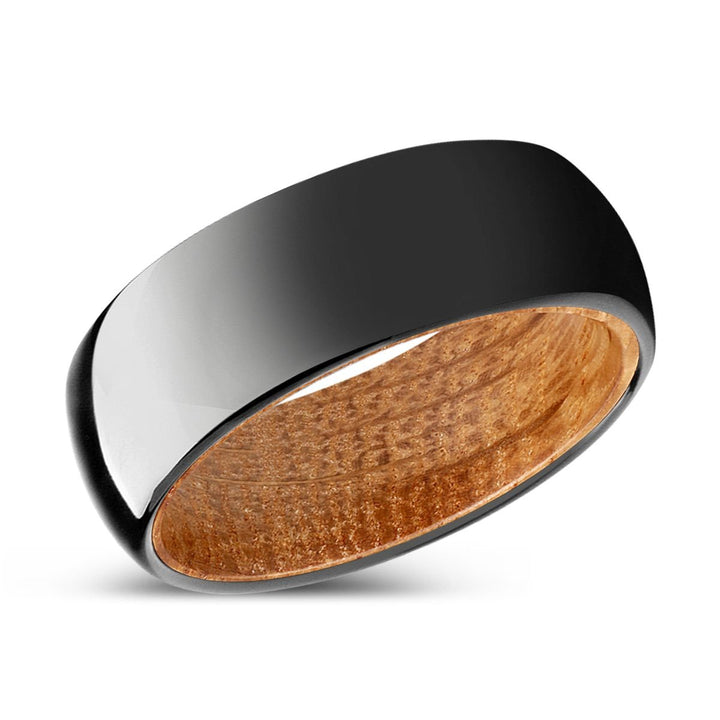 VERDANT | Whiskey Barrel Wood, Black Tungsten Ring, Shiny, Domed - Rings - Aydins Jewelry - 2
