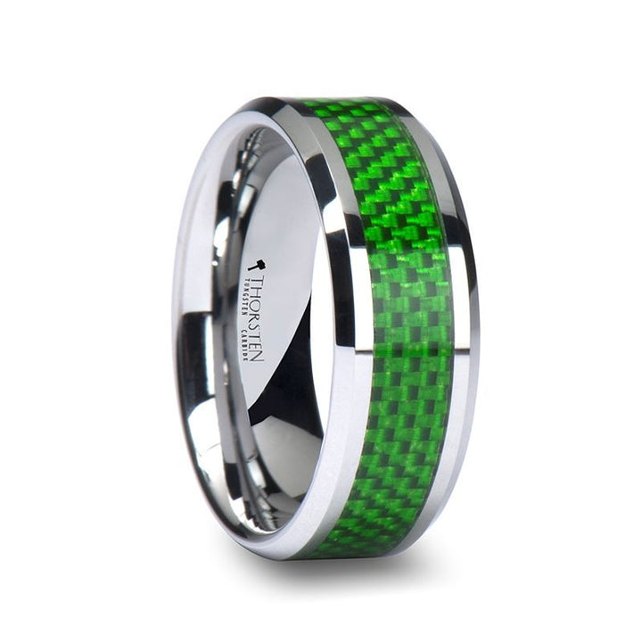 VERMONT | Silver Tungsten Ring, Emerald Green Carbon Fiber Inlay, Beveled - Rings - Aydins Jewelry - 1