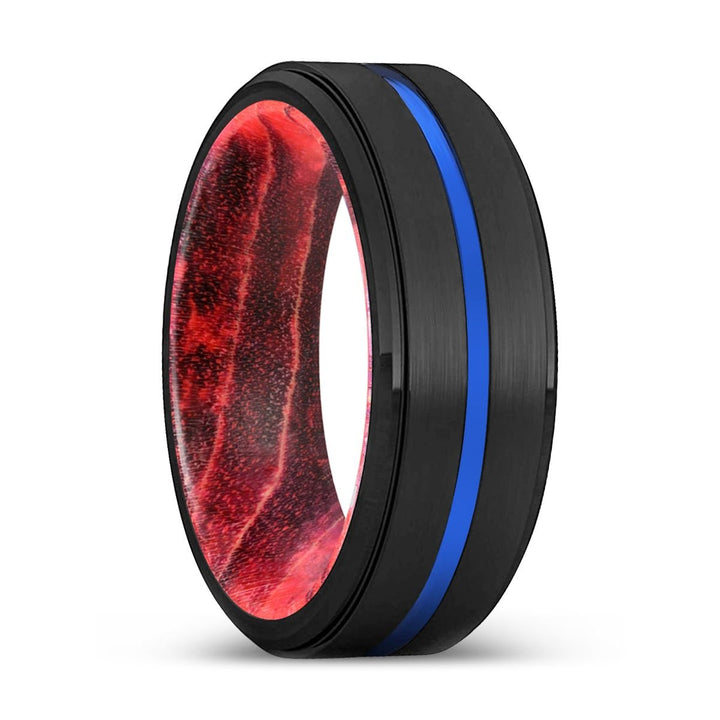 VERTEX | Black & Red Wood, Black Tungsten Ring, Blue Groove, Stepped Edge - Rings - Aydins Jewelry - 1