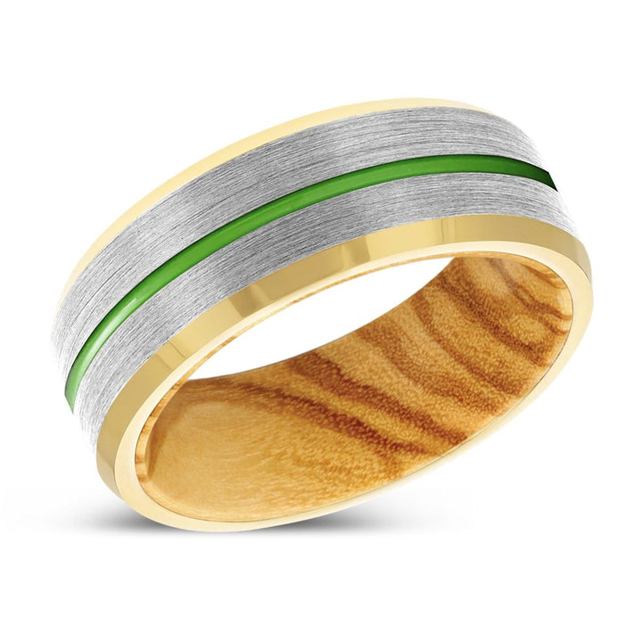 VESTIGE | Olive Wood, Silver Tungsten Ring, Green Groove, Gold Beveled Edge - Rings - Aydins Jewelry - 2