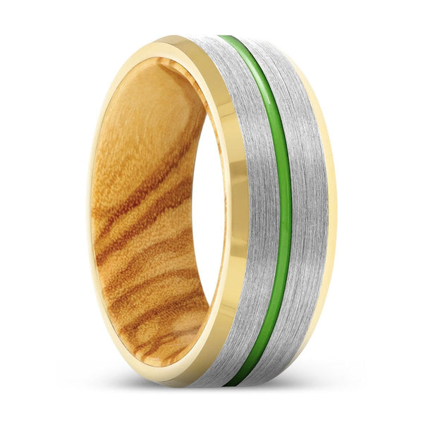 VESTIGE | Olive Wood, Silver Tungsten Ring, Green Groove, Gold Beveled Edge - Rings - Aydins Jewelry - 1