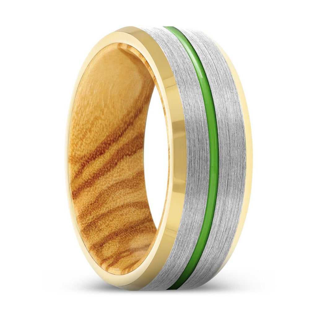 VESTIGE | Olive Wood, Silver Tungsten Ring, Green Groove, Gold Beveled Edge