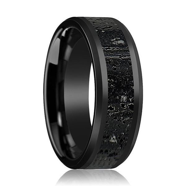 VESUVIUS | Black Ceramic Ring, Lava Rock Stone Inlay, Beveled