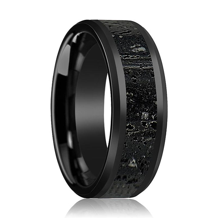 VESUVIUS | Black Ceramic Ring, Lava Rock Stone Inlay, Beveled - Rings - Aydins Jewelry - 1