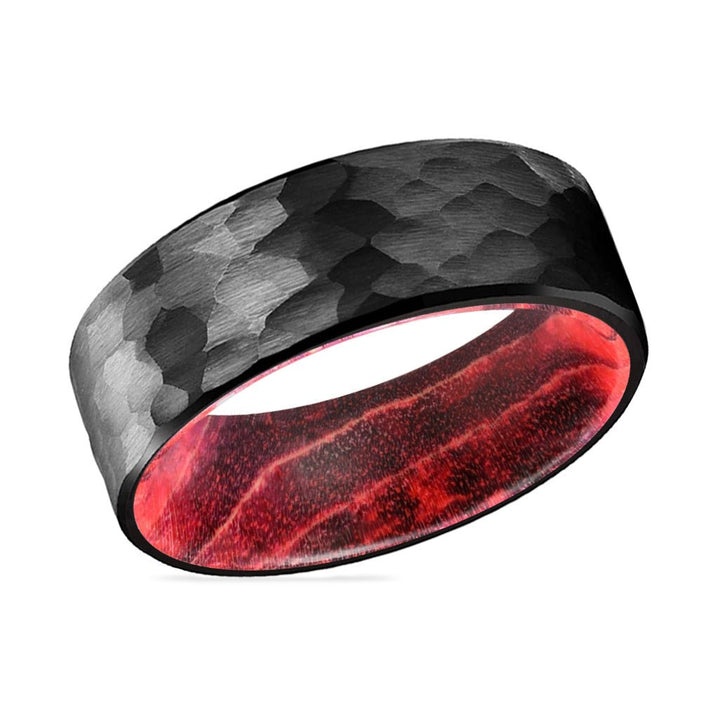 VIAN | Black & Red Wood, Black Tungsten Ring, Hammered, Flat - Rings - Aydins Jewelry - 2