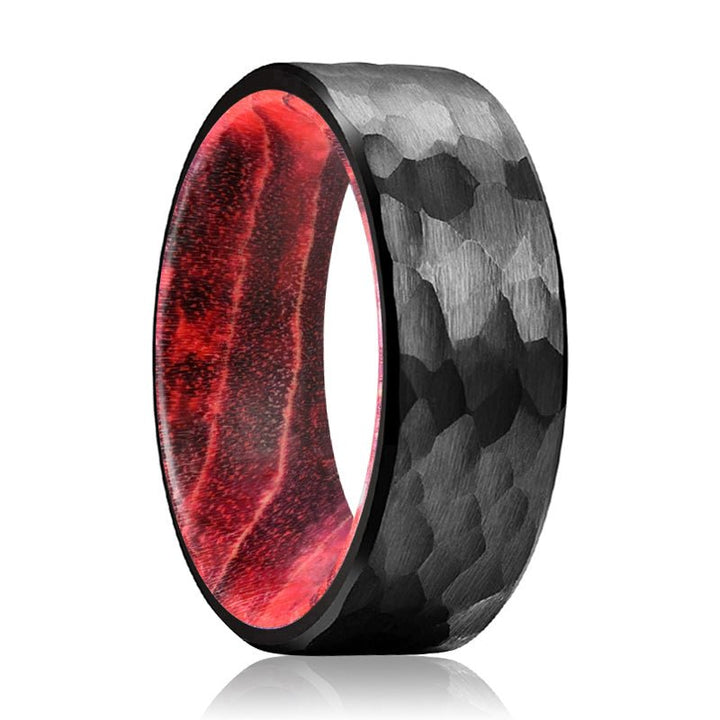 VIAN | Black & Red Wood, Black Tungsten Ring, Hammered, Flat - Rings - Aydins Jewelry - 1