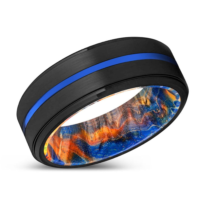 VICIOUS | Blue & Yellow/Orange Wood, Black Tungsten Ring, Blue Groove, Stepped Edge - Rings - Aydins Jewelry - 2