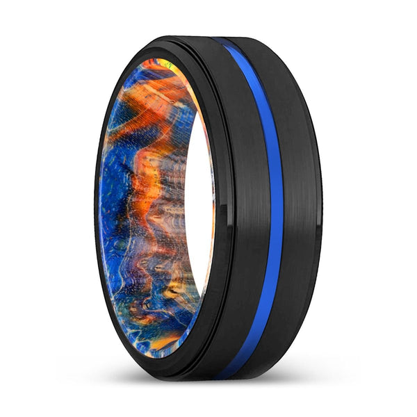 VICIOUS | Blue & Yellow/Orange Wood, Black Tungsten Ring, Blue Groove, Stepped Edge - Rings - Aydins Jewelry - 1