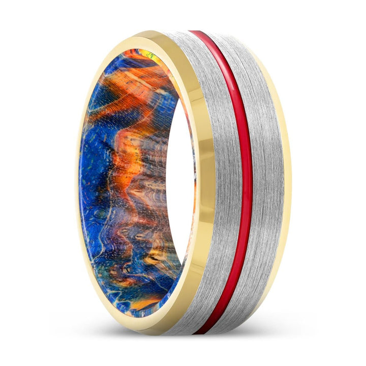 VINCENT | Blue & Yellow/Orange Wood, Silver Tungsten Ring, Red Groove, Gold Beveled Edge - Rings - Aydins Jewelry - 1