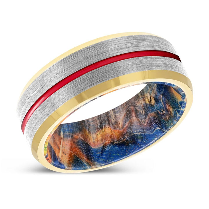VINCENT | Blue & Yellow/Orange Wood, Silver Tungsten Ring, Red Groove, Gold Beveled Edge - Rings - Aydins Jewelry - 2