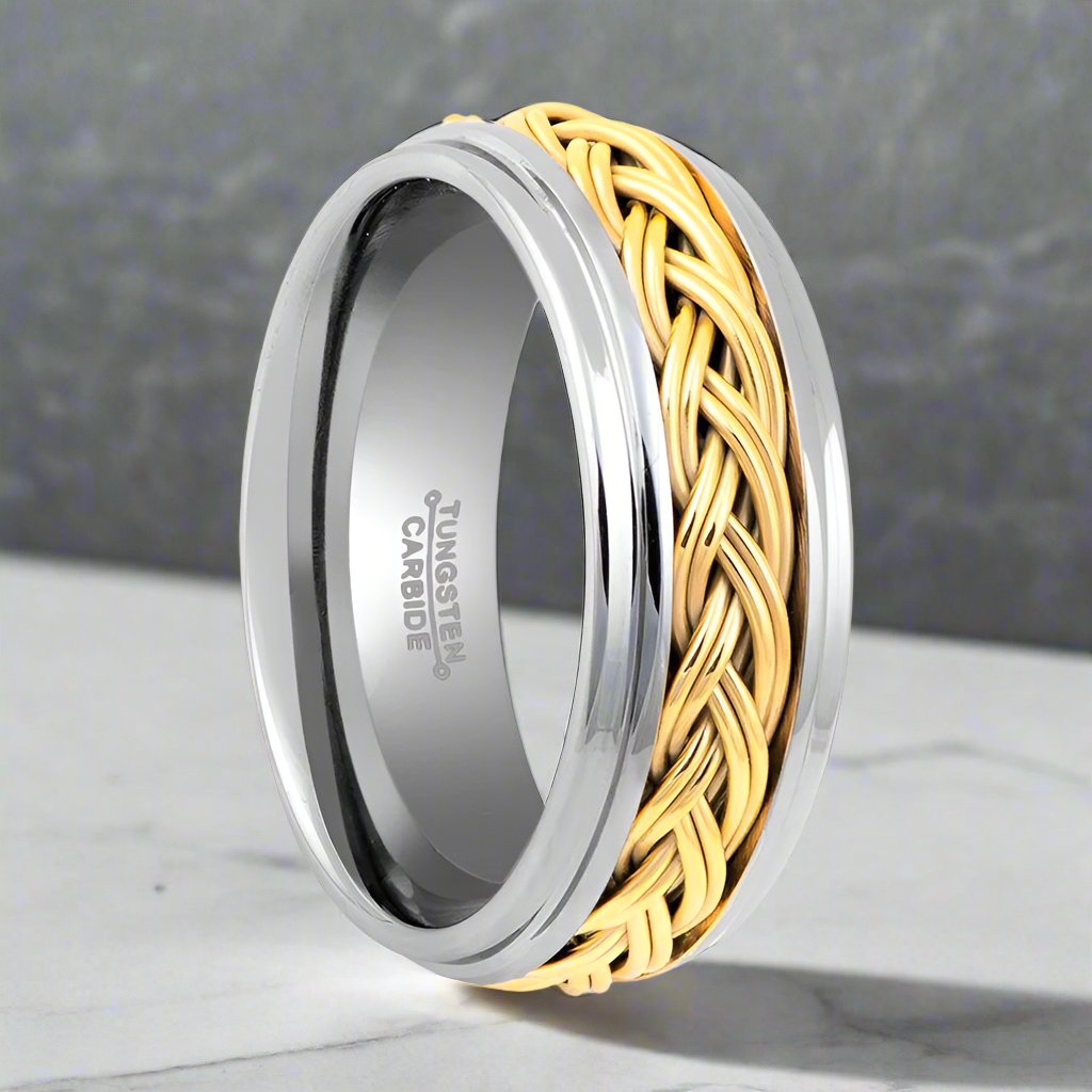 VIPER | Silver Tungsten Ring, Gold Rope, Domed - Rings - Aydins Jewelry - 1