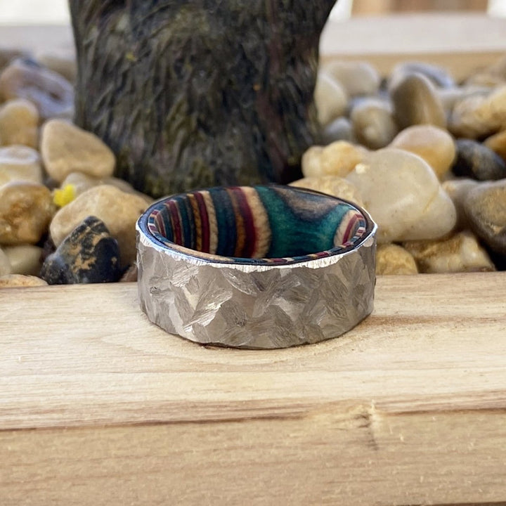 VIRAGE | Multi Color Wood, Silver Titanium Ring, Hammered, Flat - Rings - Aydins Jewelry - 7