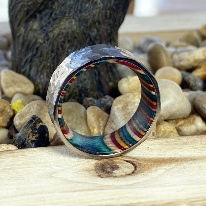 VIRAGE | Multi Color Wood, Silver Titanium Ring, Hammered, Flat - Rings - Aydins Jewelry - 6