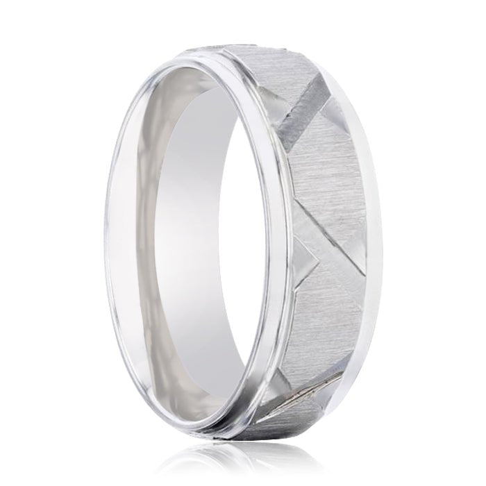 VIRAGE Raised Horizontal Etch and Diagon-Shaped Cuts Centered Titanium Men's Wedding Ring With Polished Step Edges - 8mm - Rings - Aydins Jewelry - 1