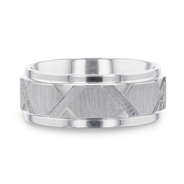 VIRAGE Raised Horizontal Etch and Diagon-Shaped Cuts Centered Titanium Men's Wedding Ring With Polished Step Edges - 8mm - Rings - Aydins Jewelry - 3