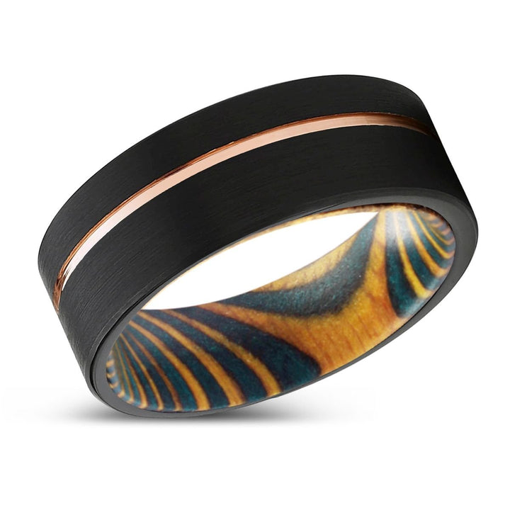 VIRIDIAN | Green and Yellow Wood, Black Tungsten Ring, Rose Gold Offset Groove, Brushed, Flat - Rings - Aydins Jewelry - 2