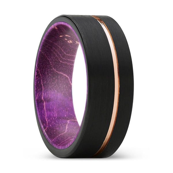 VIRTUE | Purple Wood, Black Tungsten Ring, Rose Gold Offset Groove, Brushed, Flat - Rings - Aydins Jewelry - 1