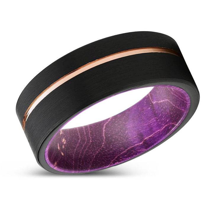 VIRTUE | Purple Wood, Black Tungsten Ring, Rose Gold Offset Groove, Brushed, Flat - Rings - Aydins Jewelry