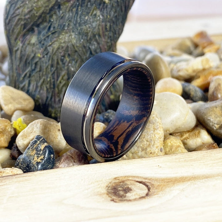 VIRTUOUS | Wenge Wood, Gunmetal Tungsten Offset Groove - Rings - Aydins Jewelry - 5