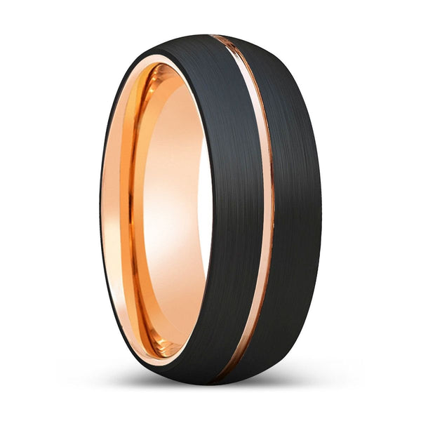VOGUE | Rose Gold Ring, Black Tungsten Ring, Rose Gold Groove, Domed