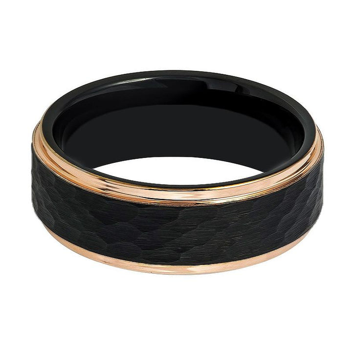 VOLANTIS | Black Tungsten Ring, Hammed, Rose Gold Stepped Edge
