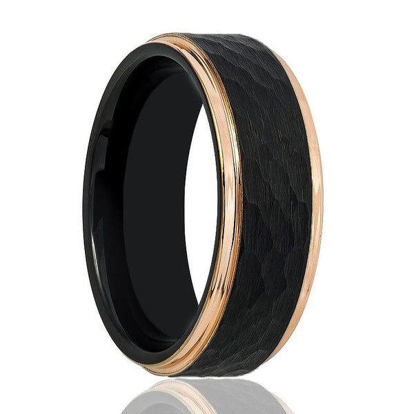 VOLANTIS | Black Tungsten Ring, Hammed, Rose Gold Stepped Edge - Rings - Aydins Jewelry - 1