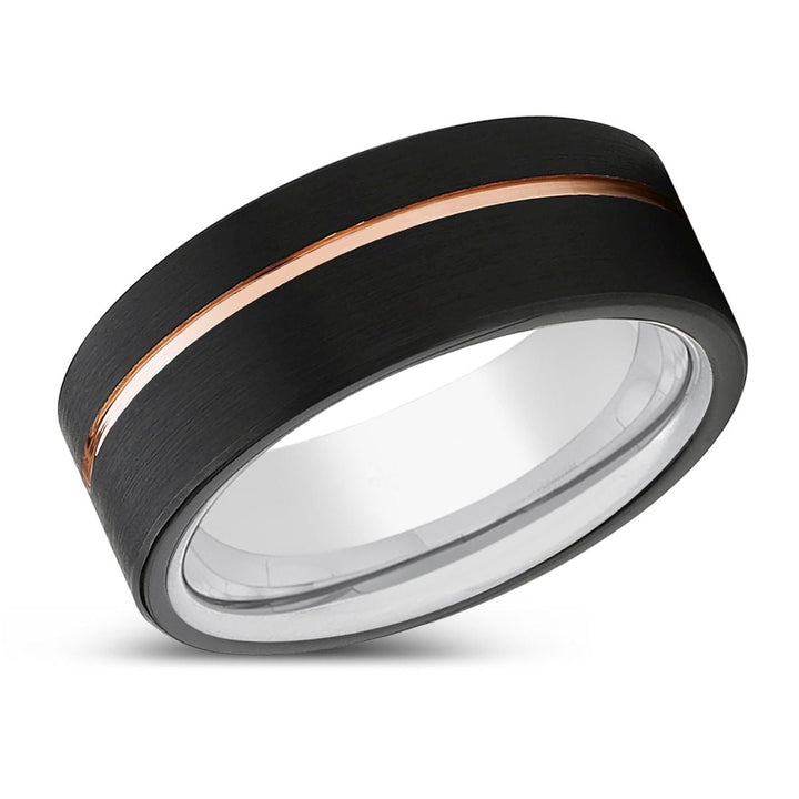 VOYAGE | Silver Ring, Black Tungsten Ring, Rose Gold Offset Groove, Brushed, Flat - Rings - Aydins Jewelry - 2