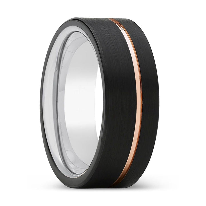 VOYAGE | Silver Ring, Black Tungsten Ring, Rose Gold Offset Groove, Brushed, Flat - Rings - Aydins Jewelry - 1
