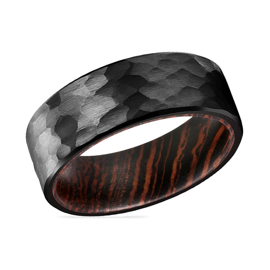 VOYAGER | Wenge Wood, Black Tungsten Ring, Hammered, Flat - Rings - Aydins Jewelry - 2