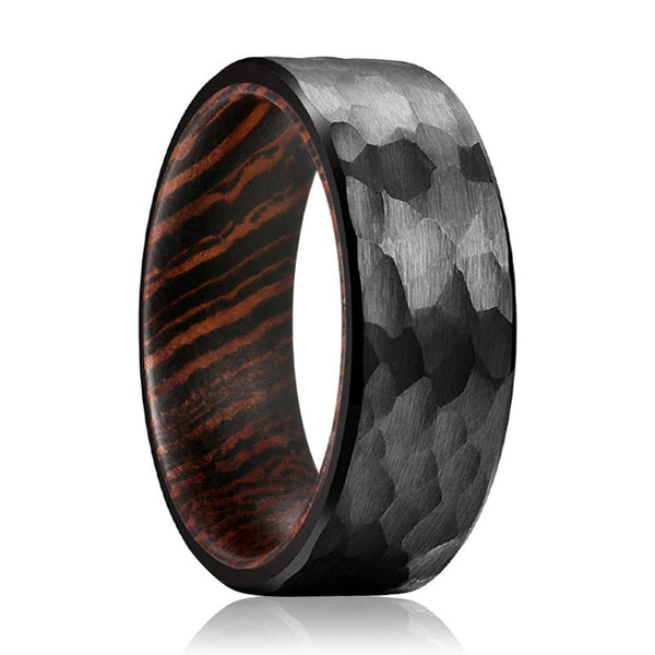 VOYAGER | Wenge Wood, Black Tungsten Ring, Hammered, Flat