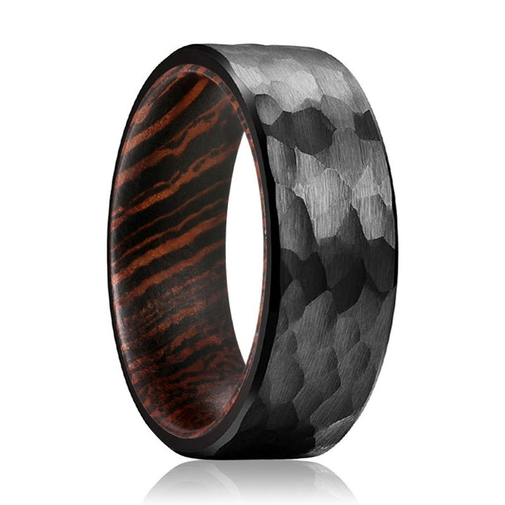 VOYAGER | Wenge Wood, Black Tungsten Ring, Hammered, Flat - Rings - Aydins Jewelry - 1