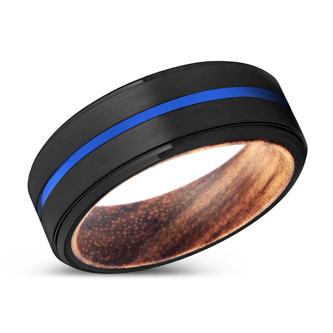 VULCAN | Zebra Wood, Black Tungsten Ring, Blue Groove, Stepped Edge - Rings - Aydins Jewelry - 2