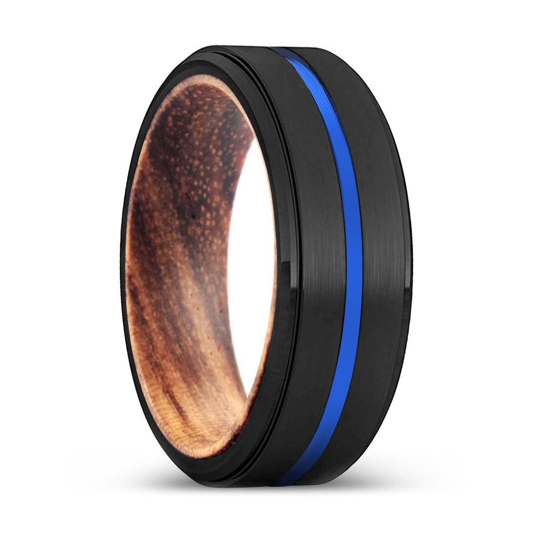 VULCAN | Zebra Wood, Black Tungsten Ring, Blue Groove, Stepped Edge - Rings - Aydins Jewelry - 1